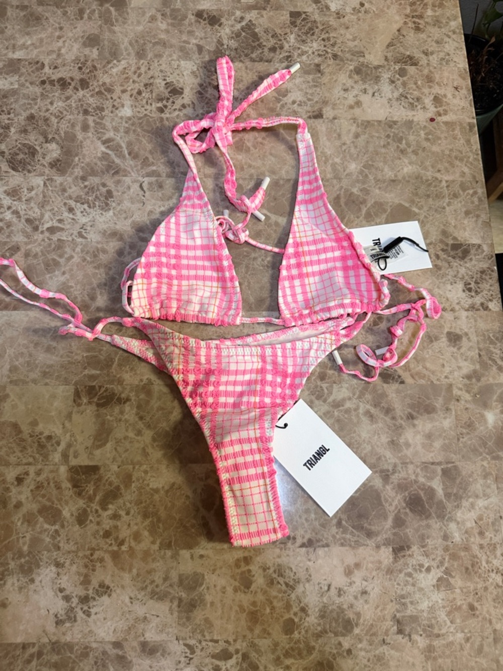 triangl swimwear Pink Plaid Triangle Bikini Set with pink pouch